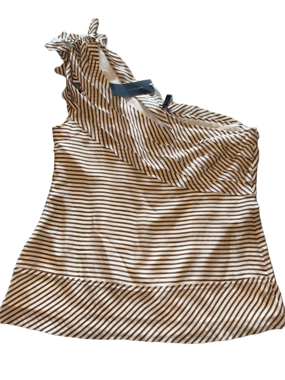 BCBGMAXAZRIA Knotted Bow One-Shoulder Top Mocha Stripe Size L NWT - Picture 3 of 4